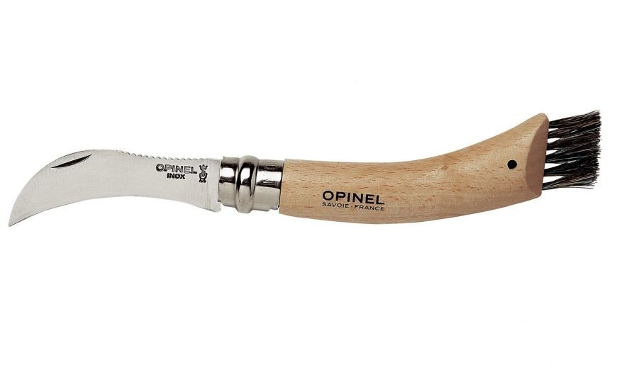 Opinel Cuchillo Para Champiñones Nº8 Con Cepillo Para Eliminar Tierra, Mango De Madera Natural De Haya Barnizada, Hoja Delgada Con Curva Dentada