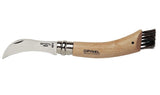 Opinel Cuchillo Para Champiñones Nº8 Con Cepillo Para Eliminar Tierra, Mango De Madera Natural De Haya Barnizada, Hoja Delgada Con Curva Dentada