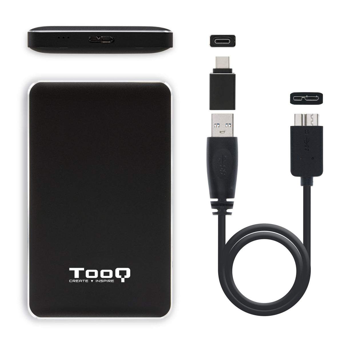 Caja Externa 2.5 Usb 3.0 Sata + Adap. Type-C Tooq Negra 9.5mm Tqe-2531b