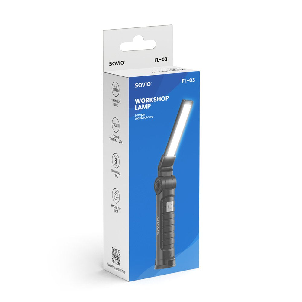 Lámpara De Taller Savio Fl-03 Cob Led 3w  Recargable, Usb-C, 150 Lm, Cabezal Giratorio, Imán