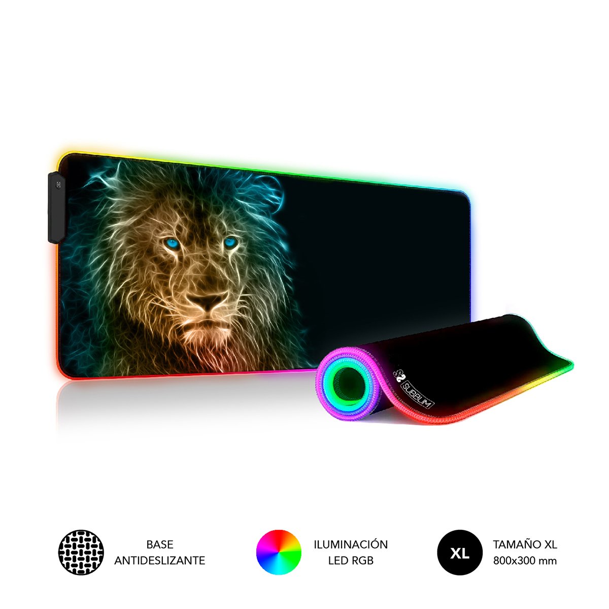 Alfombrilla/Tapete Leon Xl Rgb Subblim 80x30cm/ Iluminacion Rgb/ Base Antideslizante