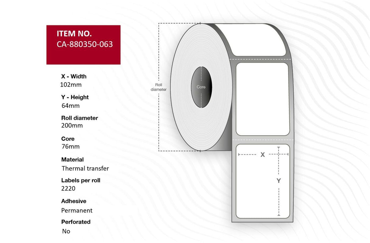 Label 102 X 64mm, Core 76mm,  Thermal Transfer, Polyester,
