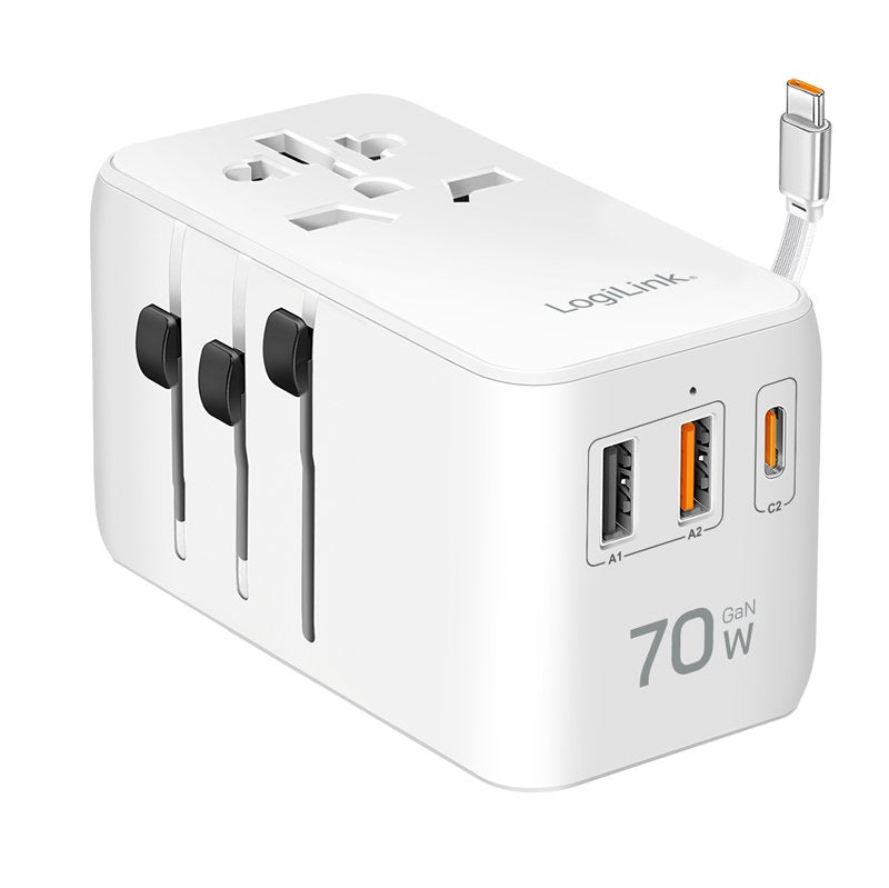 Cargador De Viaje Universal, 70 W (Pd), 4 Conexiones,Cable, Ignífuga,  (Eu/Uk/Us/Aus) Blanco Logilink
