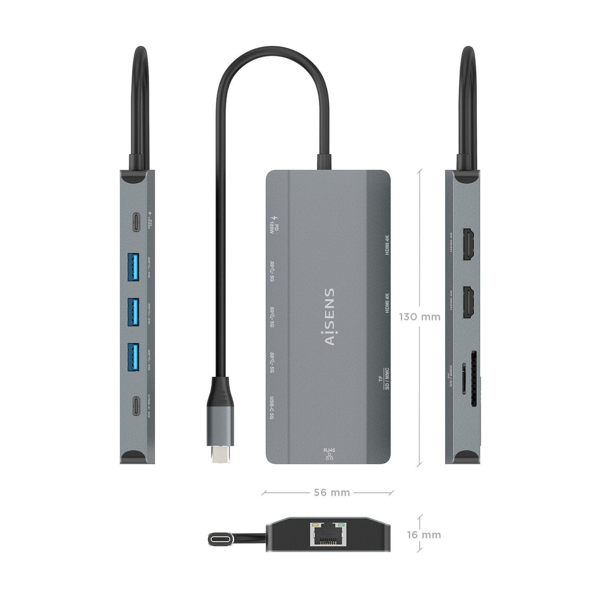 Docking Usb Tipo-C Aisens Asuc-10p052-Gr 2xhdmi 4k 1xrj45 3xusb 1xusb Tipo-C 1xusb Tipo-C Pd 1xlector De Tarjetas Gris