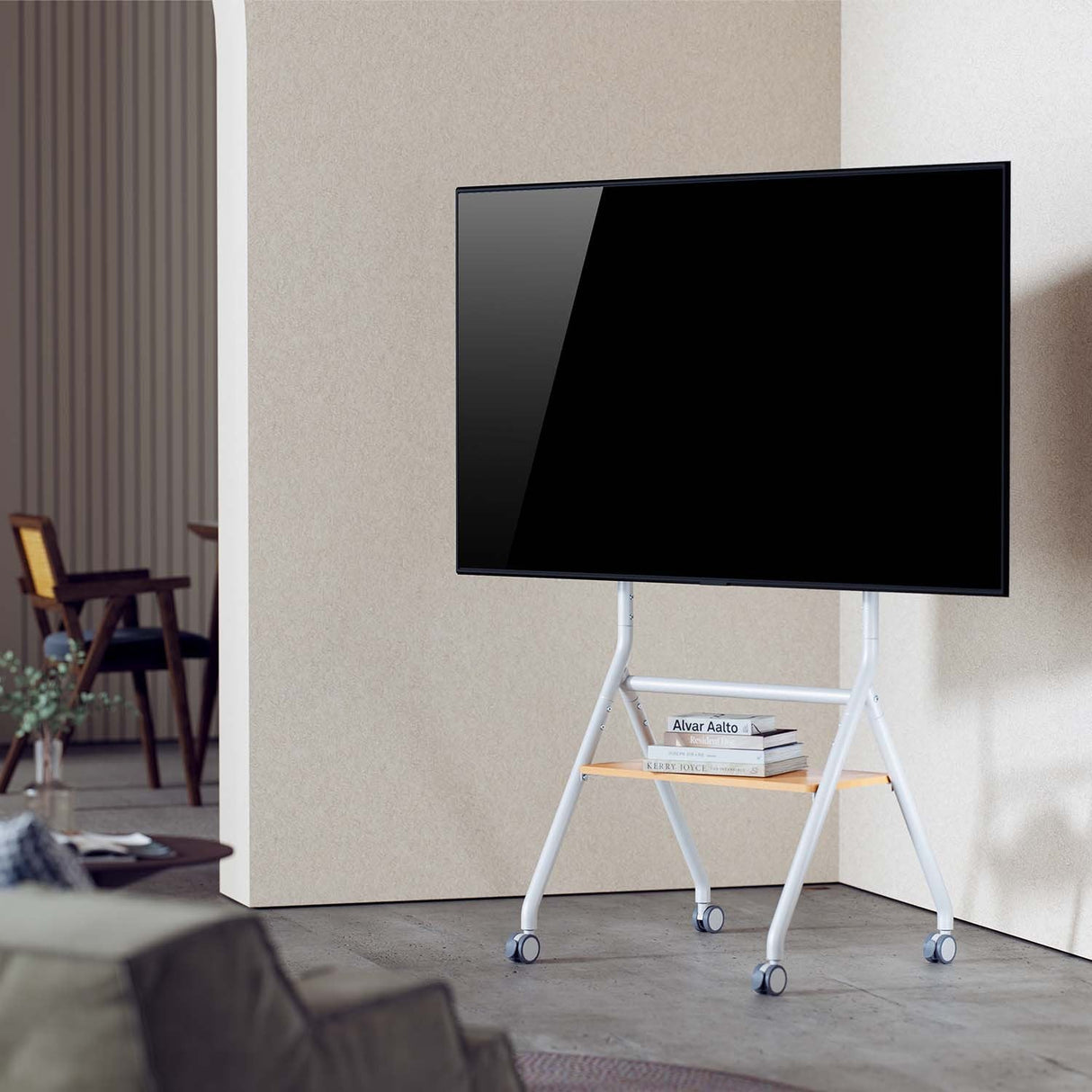 Aisens Soporte De Suelo Eco Con Rueda, 1 Bandeja Para Pantalla Interactiva/Tv 80kg De 37-86, Blanco+Madera