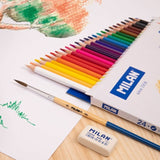 Milan Pack De 24 Lapices Triangulares Acuarelables + Pincel - Mina 2.9mm - Trazo Uniforme - Resistente A La Rotura - Colores Surtidos