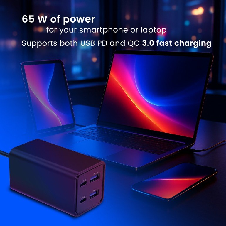 Cargador Universal 65w Gan 2xusb-A 2xusb-C Carga Rápida Negro