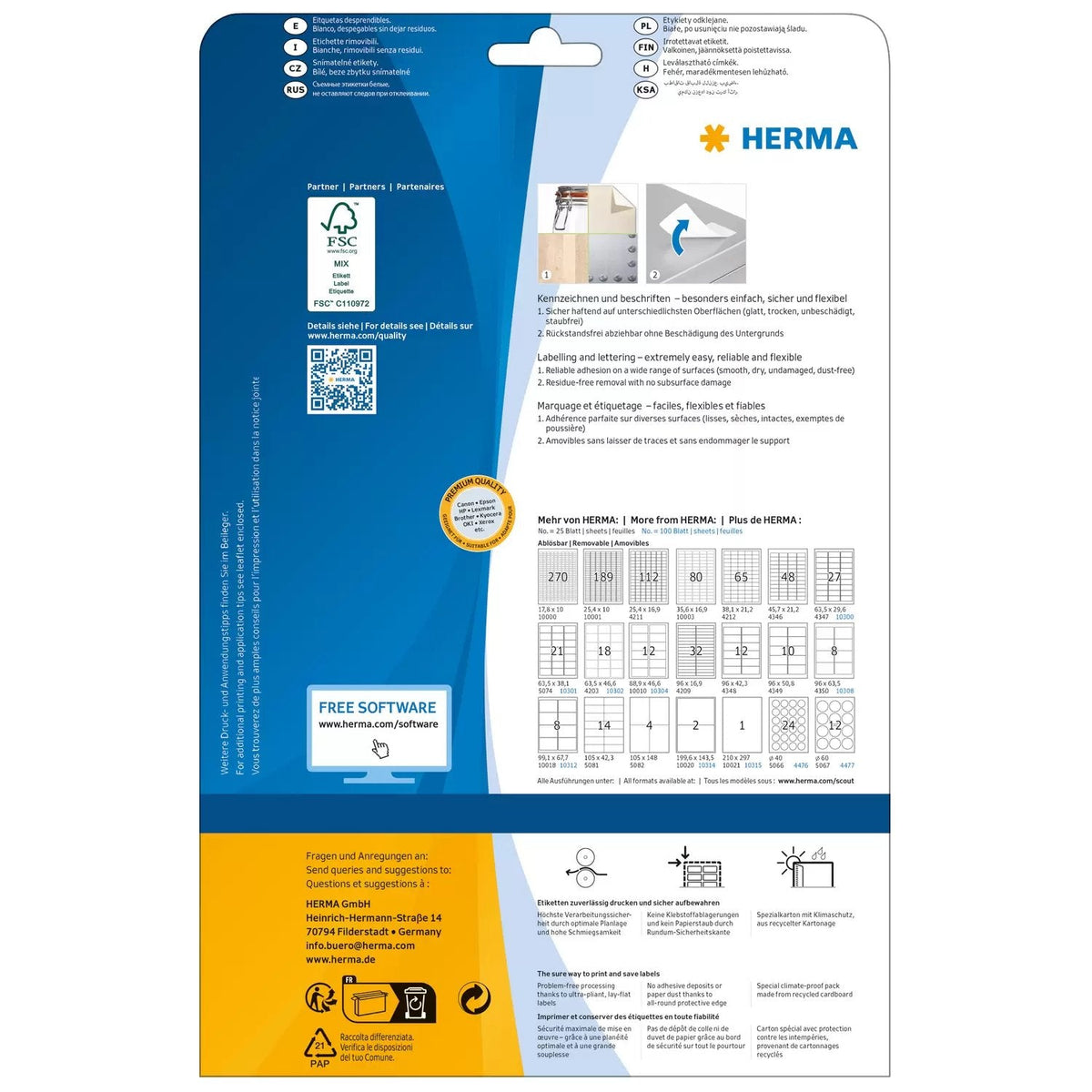 Etiquetas Herma A4 Blanco 63,5x29,6 Mm Papel Removible 675 Uds.