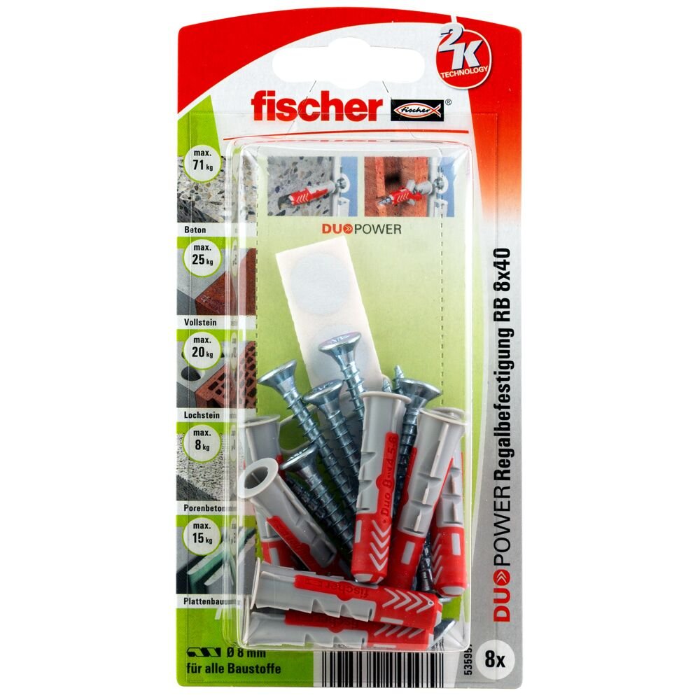 Taco Fischer Duopower 8x40 Rb K Gris Claro/Rojo, 8 Piezas, Con Tornillo Y Pegatinas 535957