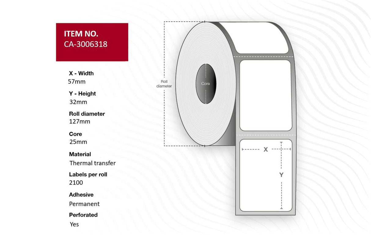 Label 57 X 32mm, Core 25mm,  Thermal Transfer, Coated,