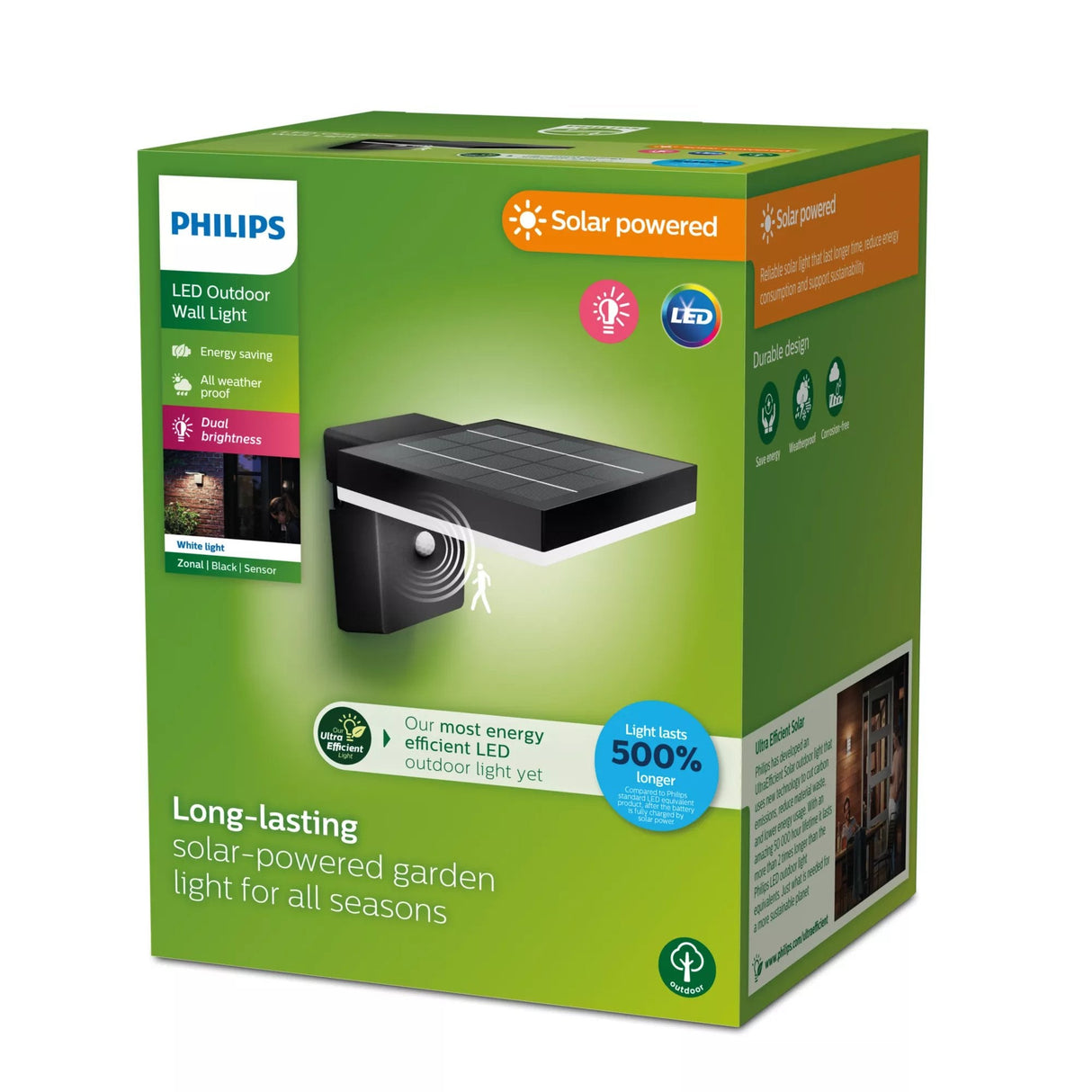 Aplique Solar Mural Cuadrado Ultraeficiente,Ip44 1,3w, 250im 3000k, Luz Cálida, Philips
