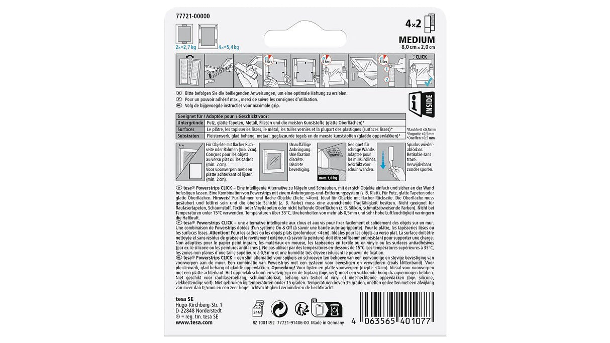 Tesa Powermrips Click Medium, 5.4kg, Selbmkl.Klettband 4x2