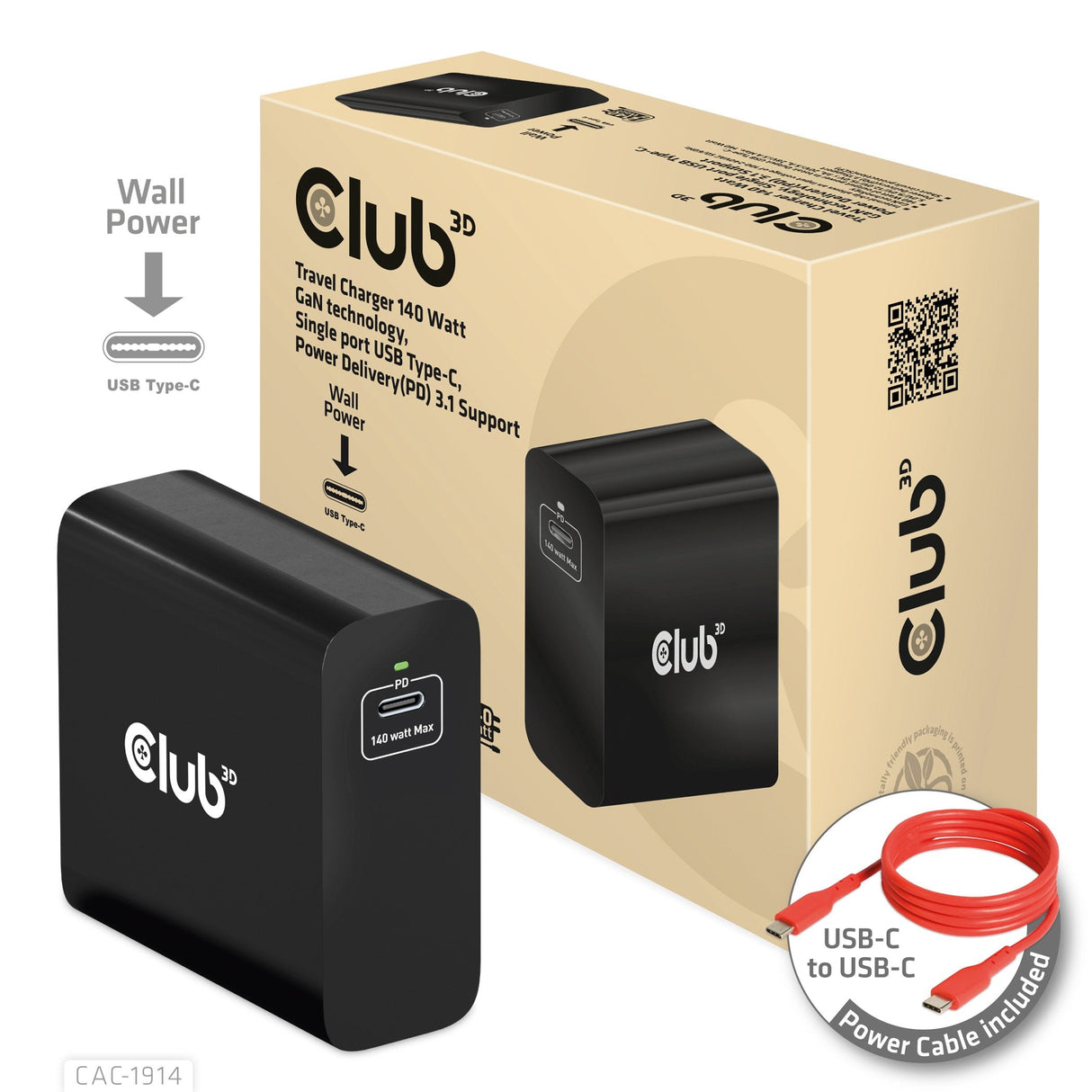 Club3d Cargador 1xusb Typ C, Pd 140w Retail