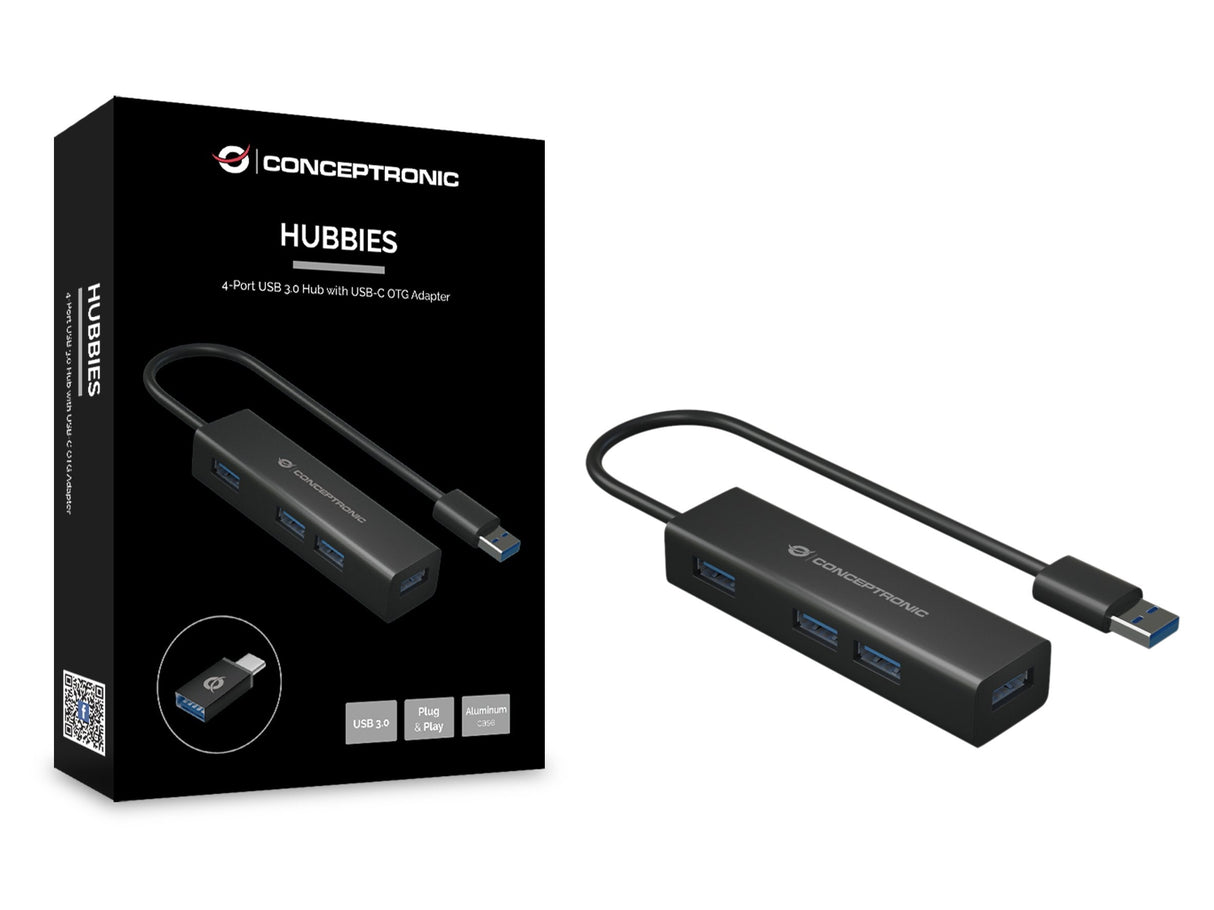 Conceptronic Hub 3.0 4 Puertos Usb 3.0 Con Adaptador Usb-C Negro