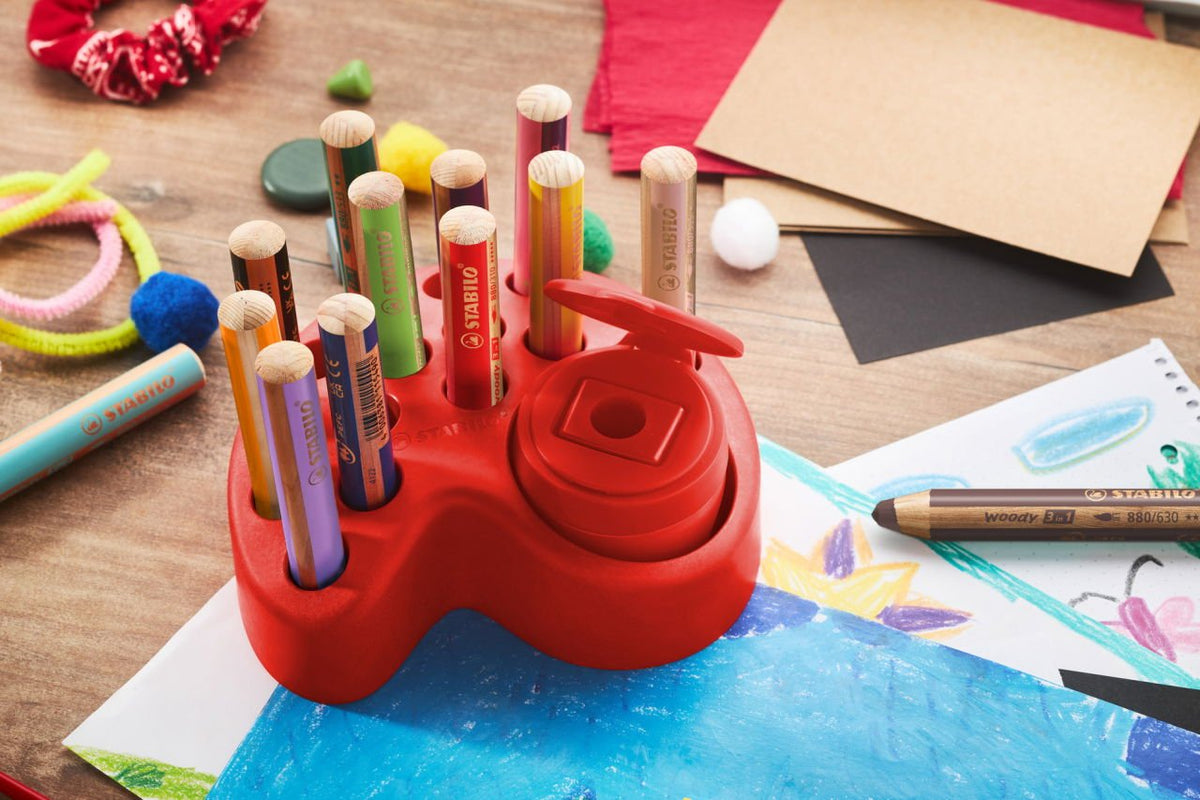 Stabilo Set De Mesa Woddy 3 En 1 15 Lapices De Colores + Sacapuntas Con Deposito - 10x Woody 3 En 1, 2x Woody 3 En 1