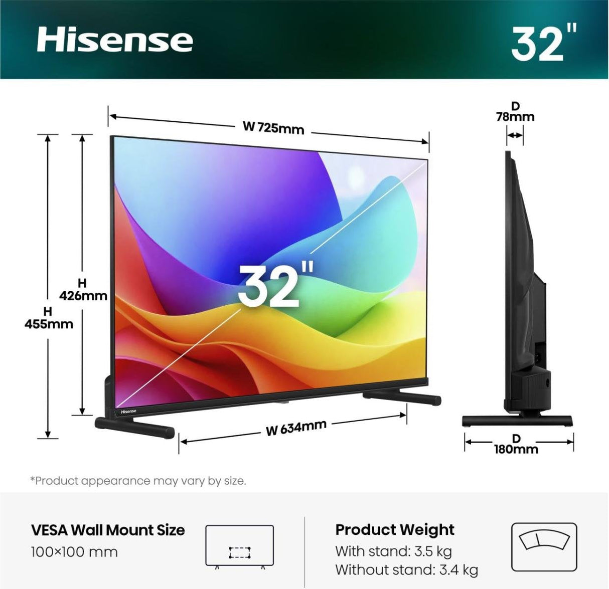 81,3 Cm (32") 1920 X 1080 Pixel Hisense 20018229 16:9 Full Hd Dled 10 Ms Smarttv Hdmi Vesa 100 X 100 Mm Lan Wifi Speaker