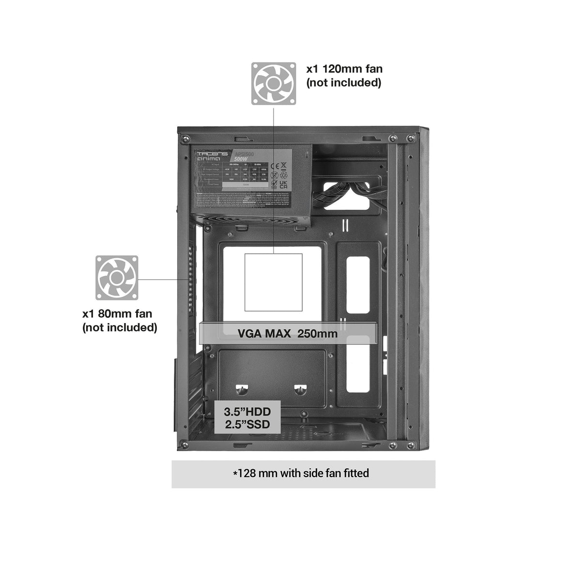 Caja Microatx Tacens Anima Ac8500 Con Fuente 500w Frontal Cleanline Disipador Max 140mm Gpu Max 250m
