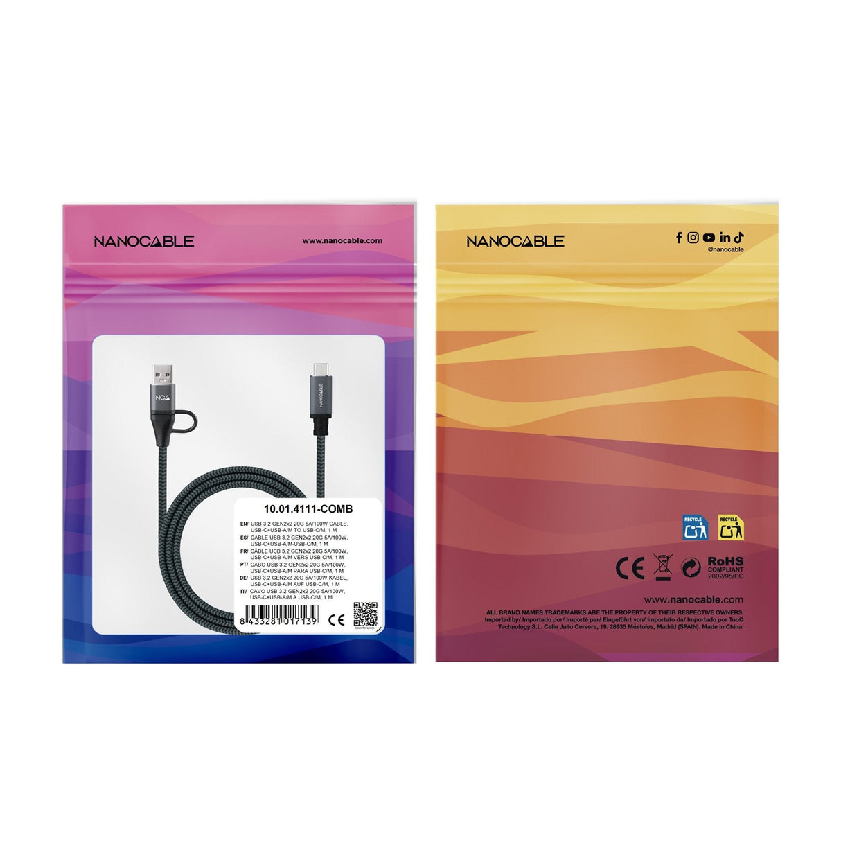 Cable Usb3.2 Gen2x2 100w,Usb-C+A/M-Usb-C/M,3m