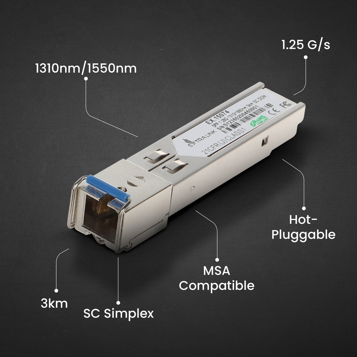 Extralink Sfp 1.25g Wdm 1310/1550nm Sm 3km Sc Pair Dedicated To Hp/Aruba