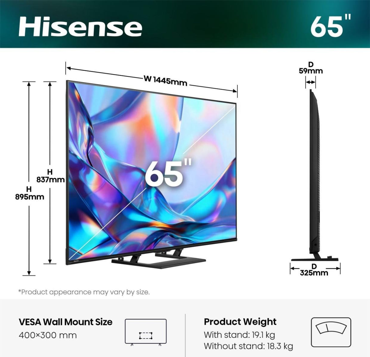 165,1 Cm (65") 3840 X 2160 Pixel Hisense 20019129 16:9 4k Ultra Hd Qled 8 Ms Smarttv Hdmi Vesa 400 X 300 Mm Lan Wifi Speaker