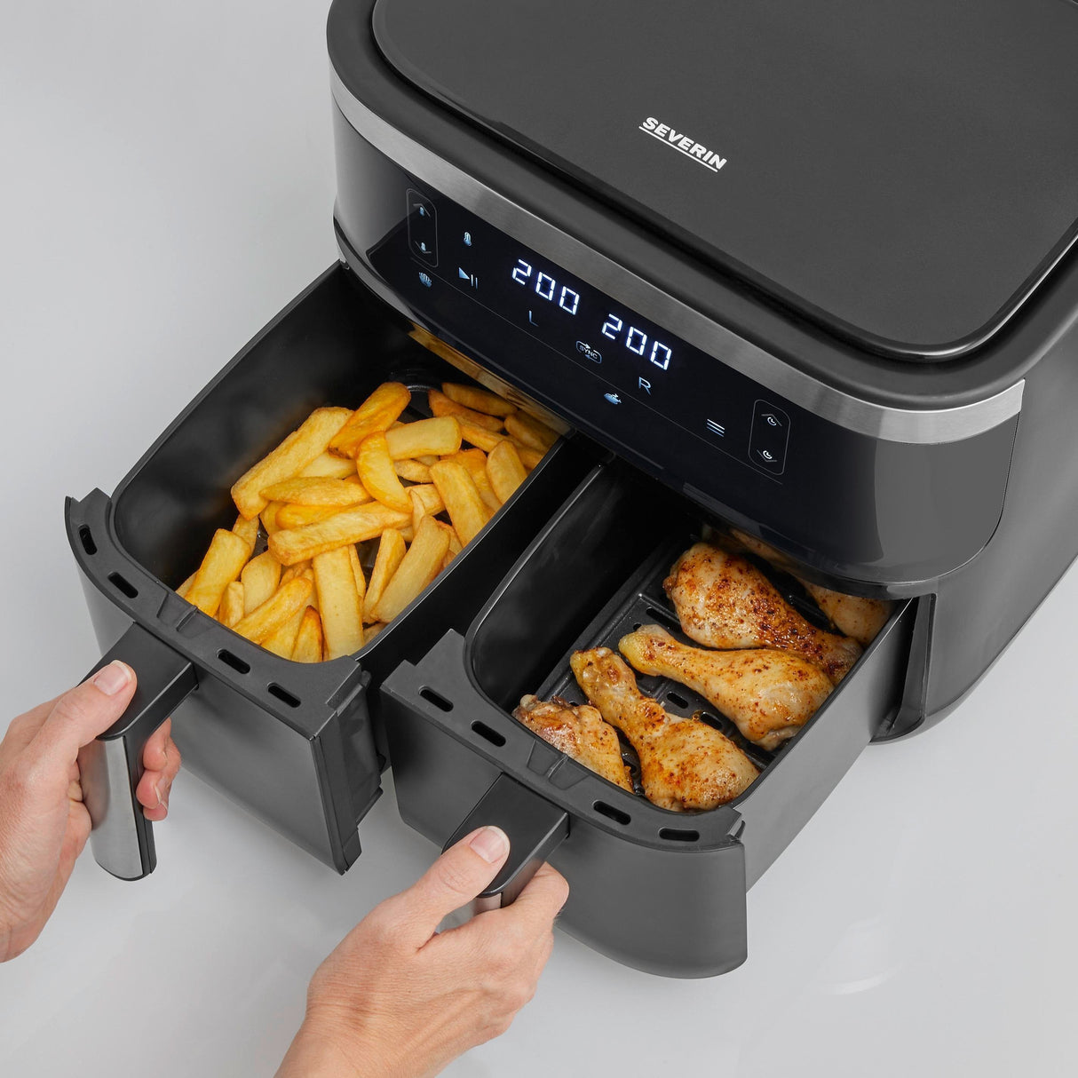 Severin Fr 2453 Doble 3,25 L Independiente 2850 W Freidora De Aire Caliente Negro, Plata