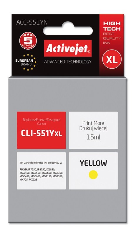Tinta Activejet Acc-551yn (Reemplazo De Canon Cli-551y - Supreme - 15 Ml - Amarillo)