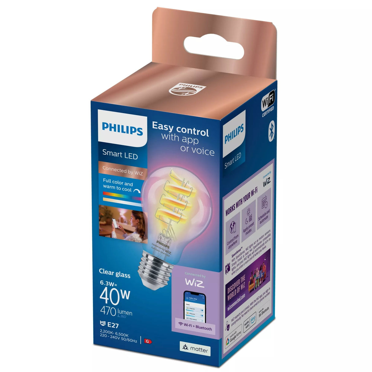Bombilla Wiz Philips Smart Wifi Filament Clear A60 E27 6.3w 470lm Rgb