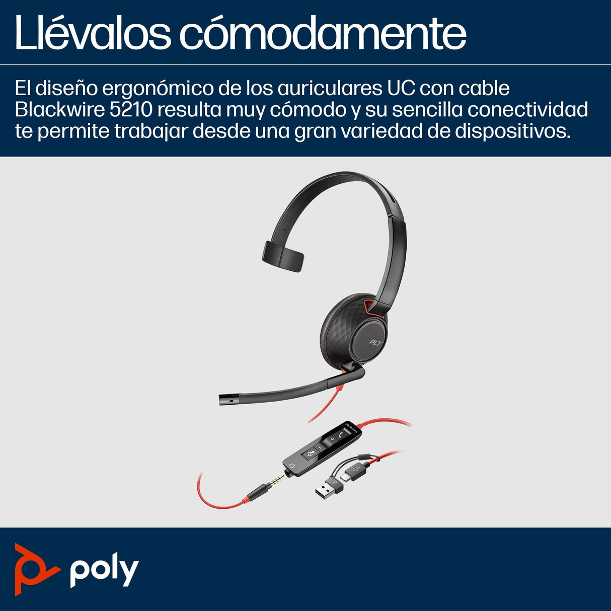 Auriculares  Poly Blackwire 5210 Monaural Usb-C + Conector De 3,5 Mm + Adaptador Usb-C/A (Paquete)