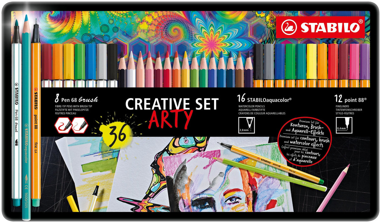 Stabilo Creative Set Arty (12 Point 88, 8 Colores De Pen 68 Brusht Y 16 Colores De Aquacolor) Colores Surtidos En Caja De Metal