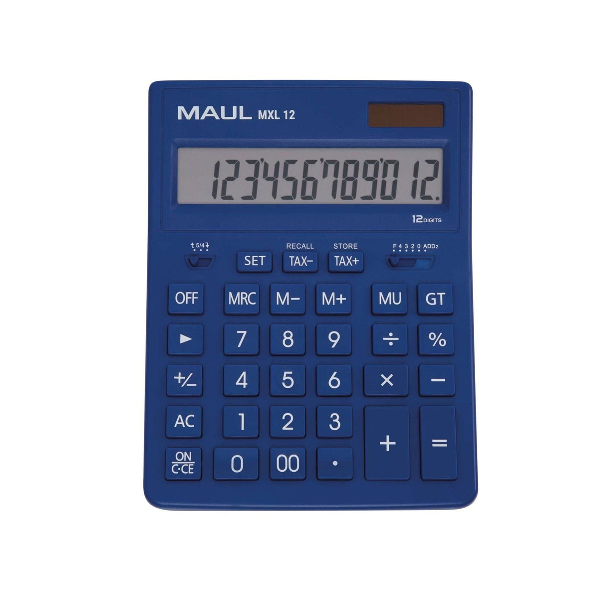 Maul Calculadora Bolsillo Mxl 12  Pantalla Grande De 12 Dígitos  Calculadora Grande Con Funciones Comerciales  Calculadora Con Batería Y Energía Solar  20,5 X 15,5 X 3,5 Cm  Azul
