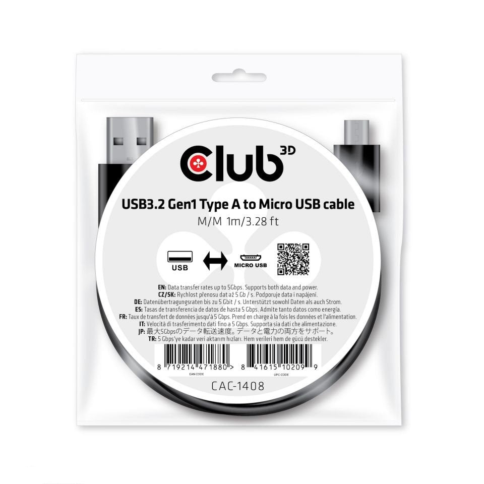 EAN 8719214471880 - CLUB3D CAC-1408 cable USB USB 3.2 Gen 1 (3.1 Gen 1) 1 m USB A Micro-USB B Negro imagen 2