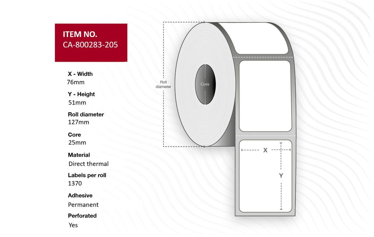 Label 76 X 51mm, Core 25mm, - Direct Thermal, Uncoated, - Permanent, Perforated, 1370 Labels Per Roll, 12 Rolls Per Box - Warranty: 12m