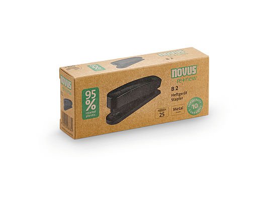 Novus B2 Re+New Grapadora De Sobremesa - Fabricada Con Plastico Reciclado - Hasta 25 Hojas - Grapado Abierto, Cerrado Y Clavado - Incluye 200 Grapas