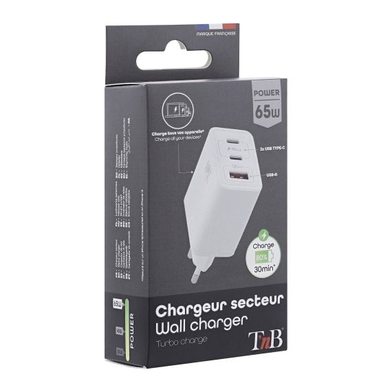 Tnb Cargador Gan Charger 2 Usb-C  Power Delivery + 1 Usb-A 65w - White