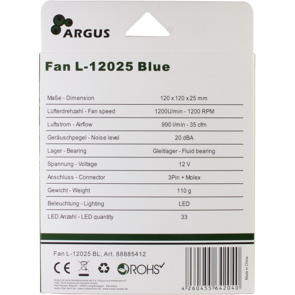 Inter-Tech L-12025 Carcasa Del Ordenador Ventilador 12 Cm Negro, Azul