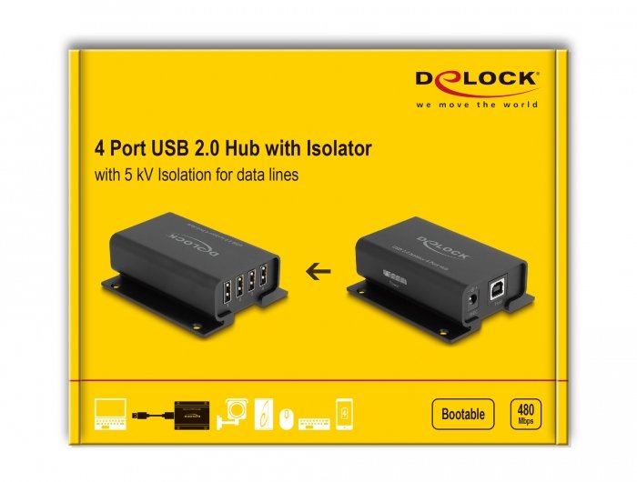 Delock 64226 Concentrador Aislador Usb 2.0 De 4 Puertos Con Aislamiento De 5 Kv Para Líneas De Datos