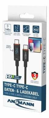 Cable Ansmann Usb 2.0 , Usb-C Stecker > Usb-C Stecker (Anthrazit, 2,0 Meter, Pd 3.1,  Laden Mit Bis Zu 140 Watt, Gesleevt, Integriertes Led Display) 1700-0171