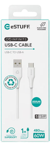 Infinite Usb-C To Usb-A Cable - 1m White. Recycled Plastic. - Super Soft - Warranty: 60m