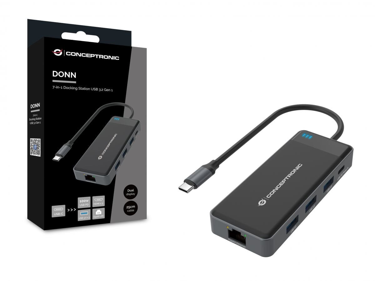 Adaptador Usb-C 7in1 Conceptronic Hdmix2  Usb-C Pd 100w Usb-A  Rj45 Gigabit Donn14g