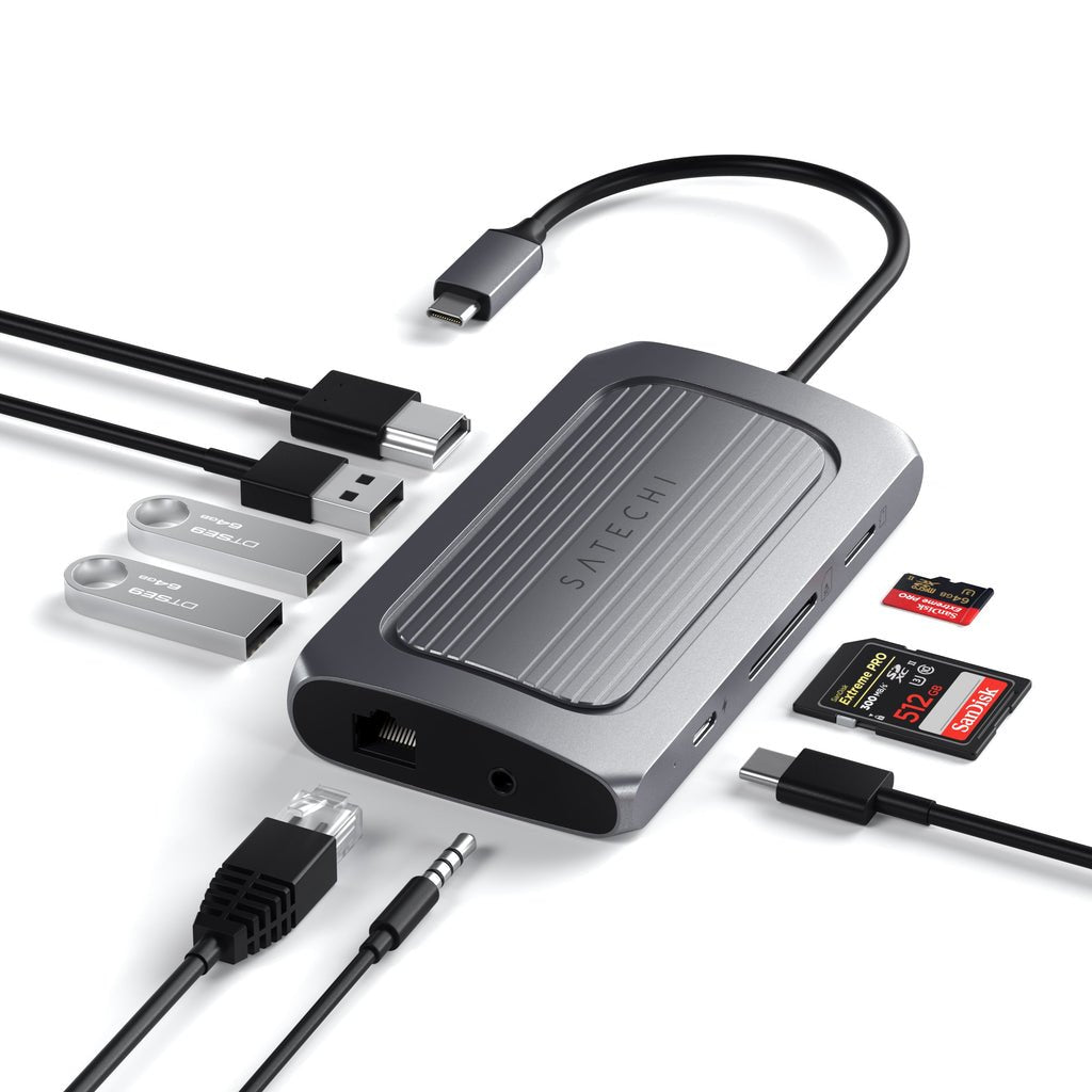 Adaptador Usb-C Multipuerto Satechi (Usb-C4, 3x Usb-A, Hdmi 8k, Ethernet, Lector De Tarjetas Micro/Sd, Puerto Jack) (Gris Espacial)