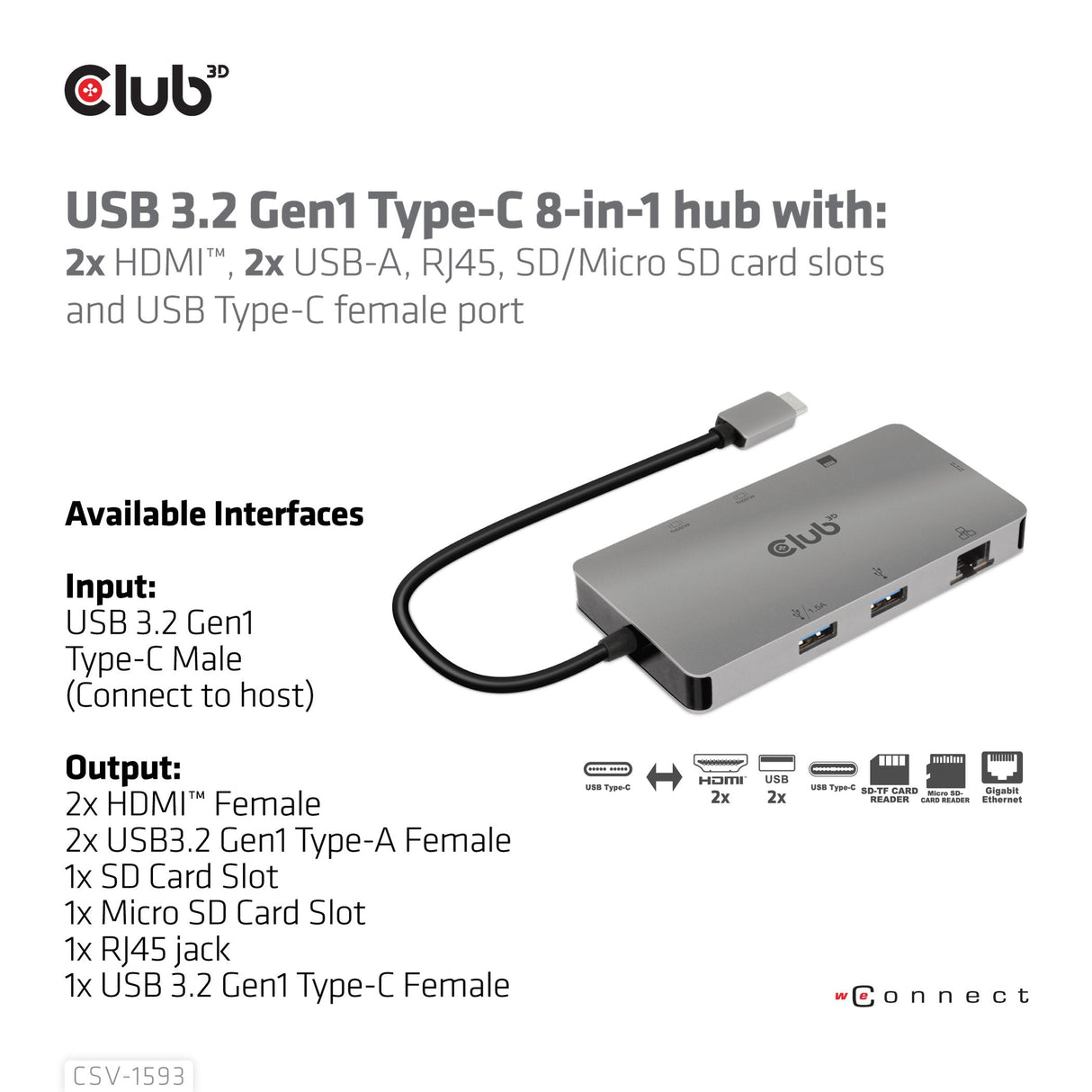 Club-3d Multistream Hub Usb 3.2 Gen1 Usb-C-> 2xhdmi, 2xusba, 1xsd, 1xmsd, 1xrj