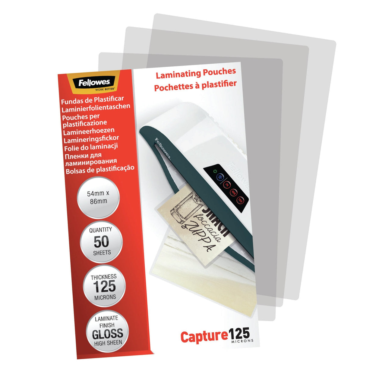 Fellowes Glossy 125 Micron 50pcs Card Laminating Pouch - 54x86 Mm