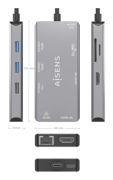 EAN 8435739901724 - AISENS ASUC-9P018-GR base para portátil y replicador de puertos Alámbrico USB 3.2 Gen 1 (3.1 Gen 1) Type- imagen 4