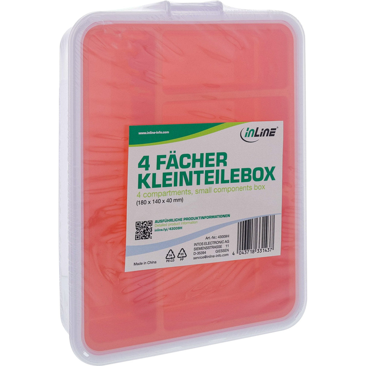 Inline® Small Components Box, 4 Compartments, 180x140x40mm, Orange
