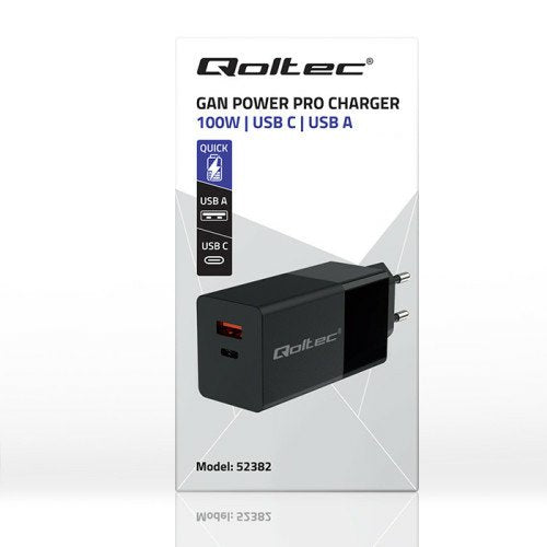 Qoltec 52382 Gan Power Pro Charger 1xusb Tipo C 1xusb A 100w 5-20v 1.5-5a Pd Black
