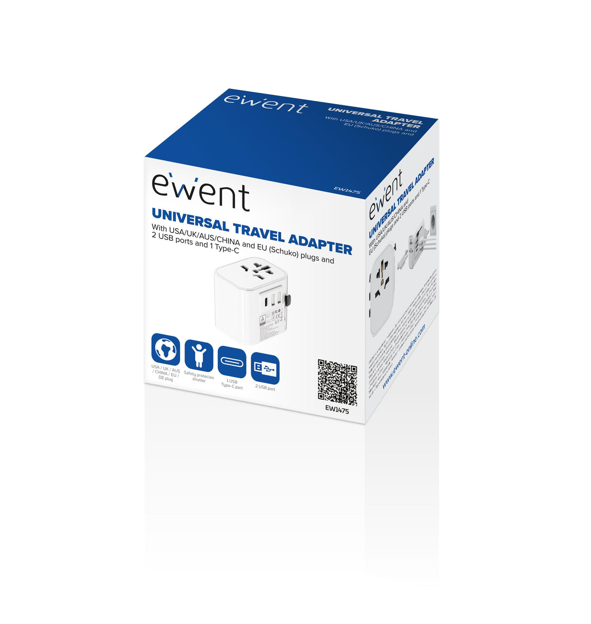 Enchufe Universal Ewent Ew1475 Usa Uk Aus China 2 X Usb 1 X Usb Tipo C