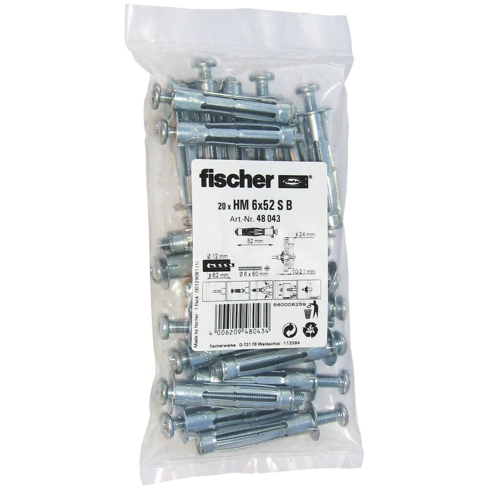 EAN 4006209480434 - Fischer 48043 tornillo de anclaje y taco 20 pieza(s) Juego de enchufes de pared y tornillos 52 mm imagen 1