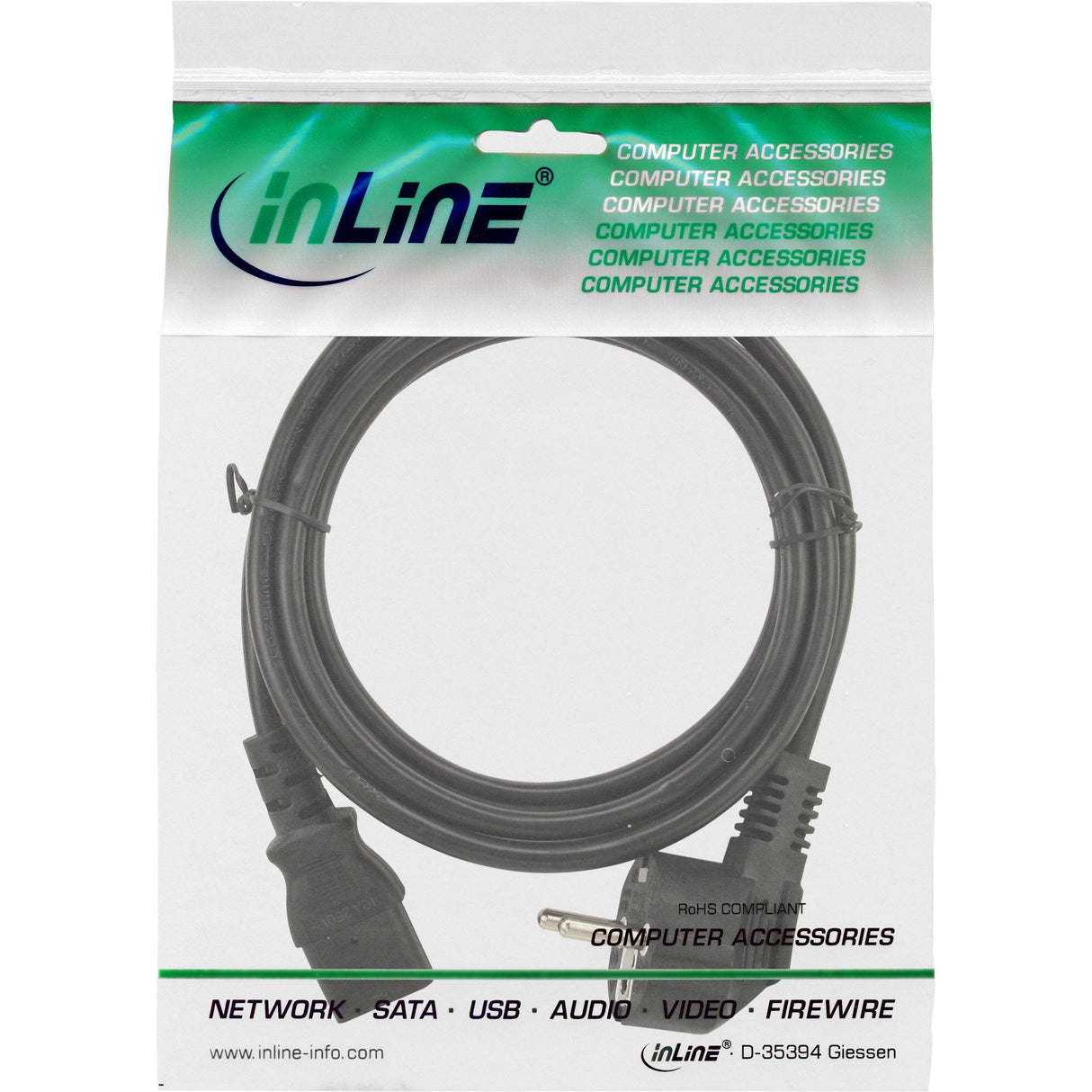 Inline® Power Cable, Schutzkontakt Angled A 3pin Iec C13, Black, H05vv-F, 3x0.75mm², 1,0m
