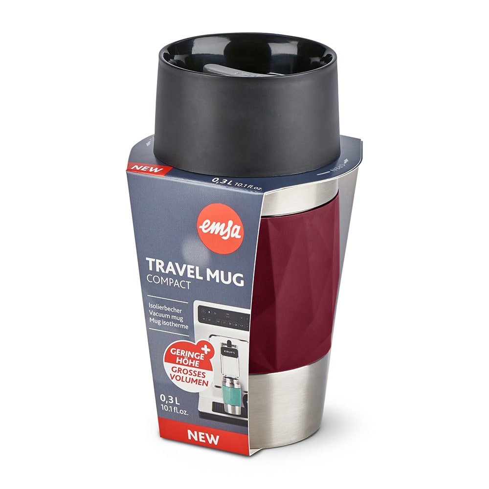 Emsa Travel Mug Taza Térmica Compacta 0,3 Litros Rojo Vino, Tapón De Rosca N2160900
