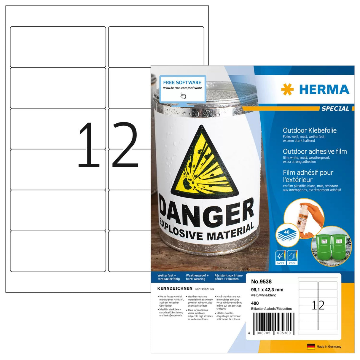 EAN 4008705095389 - HERMA 9538 etiqueta autoadhesiva Rectángulo Blanco 480 pieza(s) imagen 1